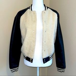 Faux leather/ teddy varsity jacket size M